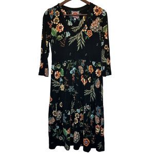 Johnny Was Bamboo Dress Small Ardell 3/4 Sleeve Tiered Knee Length Black Floral